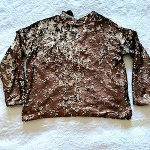TOPSHOP luxury collection, boxy long-sleeve, bronze, silver, black sequin top.